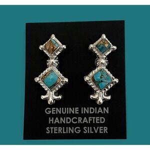Navajo Native American Sadie Jim Sterling‎ Silver Turquoise Spiny Earrings Post